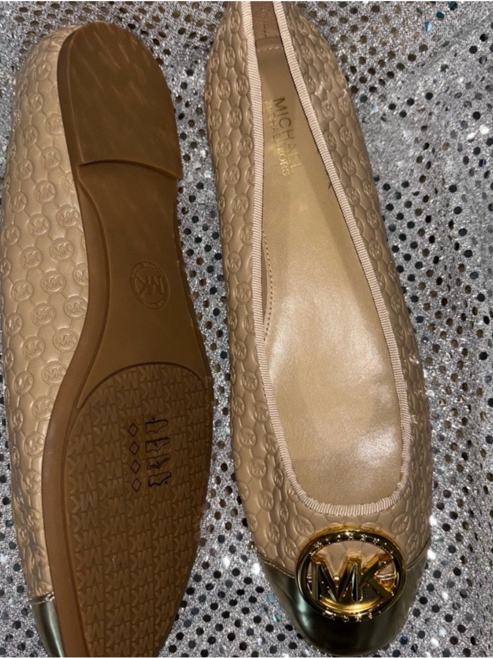Michael Kors Beige Logo Ballet Flats with Gold Cap Toe - Picture 4 of 10